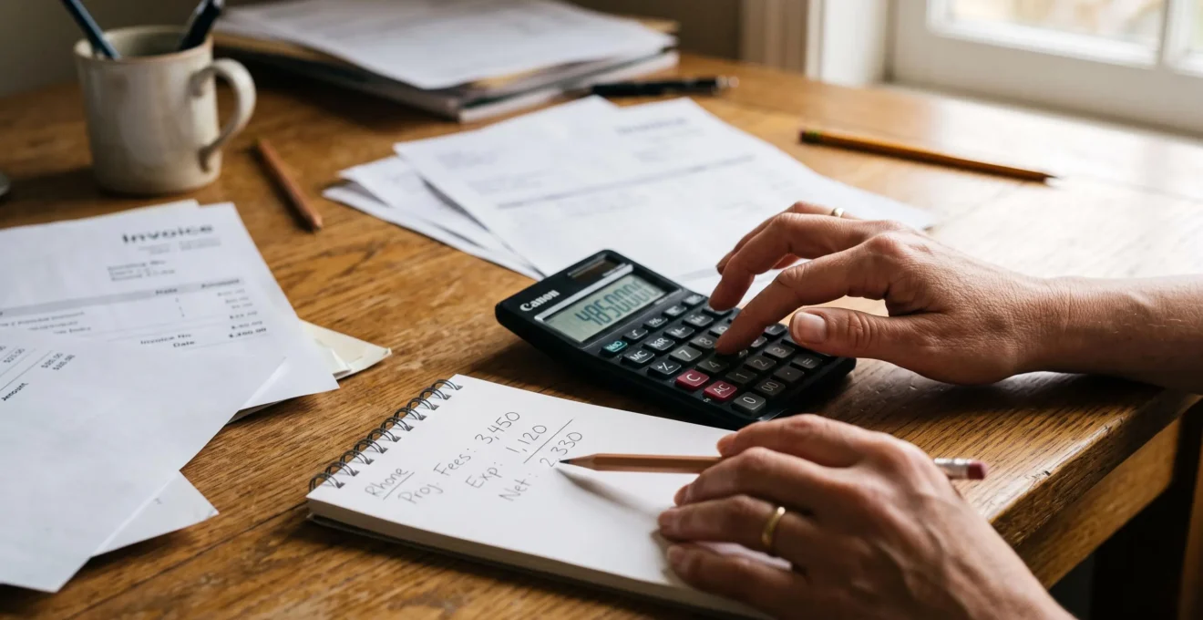 Les mains d'un indépendant calculent son chiffre d'affaires sur une calculatrice à partir d'un bloc-notes.