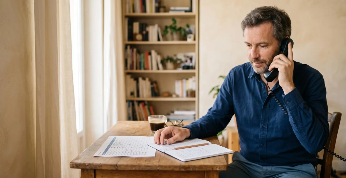Un homme compare des sociétés de portage salarial par téléphone depuis son bureau à domicile.
