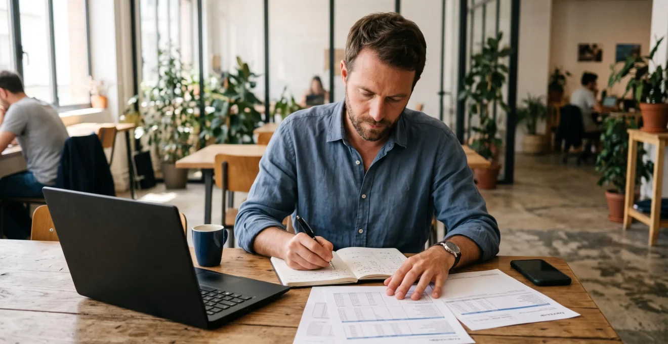 Un consultant indépendant examine des documents de calcul et prend des notes sur son carnet dans un espace de coworking.