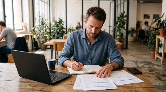 Un consultant indépendant examine des documents de calcul et prend des notes sur son carnet dans un espace de coworking.