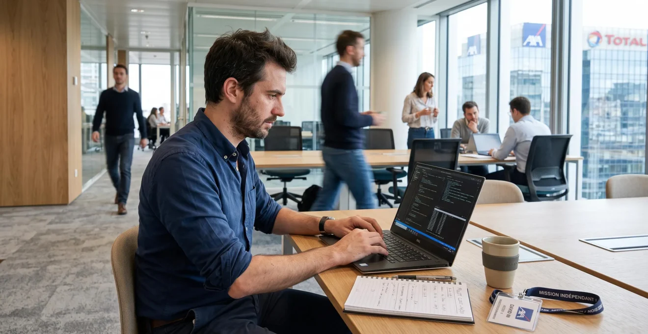 Un consultant indépendant travaille sur son ordinateur portable dans les locaux d'une entreprise cliente en France.