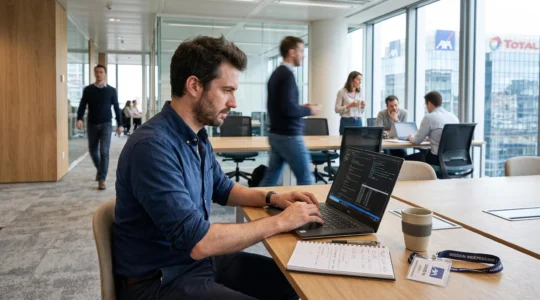 Un consultant indépendant travaille sur son ordinateur portable dans les locaux d'une entreprise cliente en France.