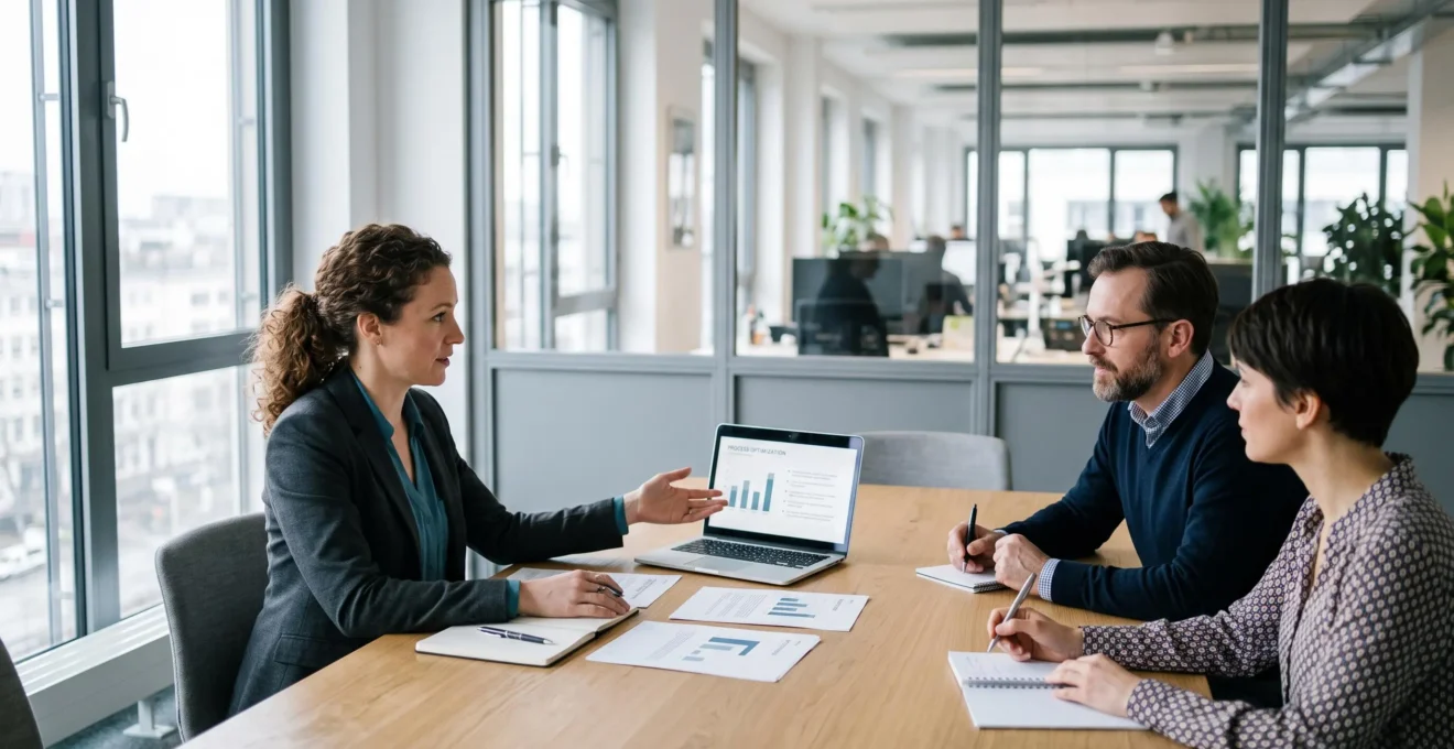Un consultant indépendant présente sa mission à deux clients réunis autour d'une table de réunion dans un bureau lumineux.