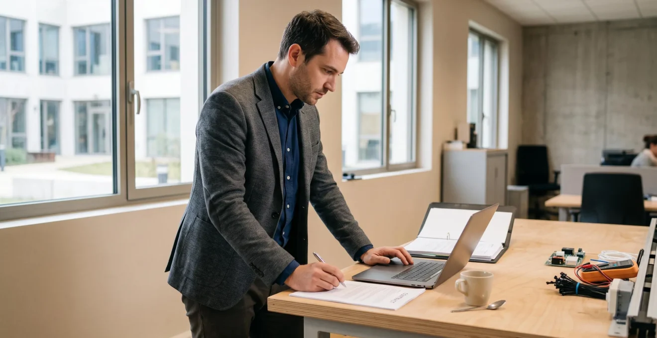 Un consultant indépendant en portage salarial travaille sur son ordinateur portable dans un bureau lumineux en France.