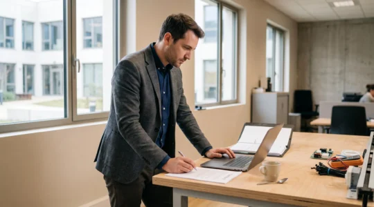 Un consultant indépendant en portage salarial travaille sur son ordinateur portable dans un bureau lumineux en France.
