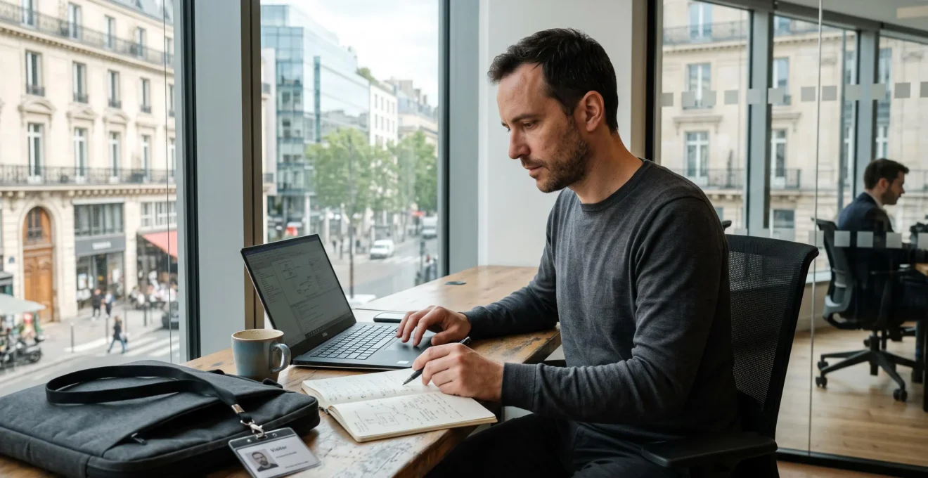 Un consultant indépendant travaille sur son ordinateur portable au bureau d'un client, ses notes à la main.