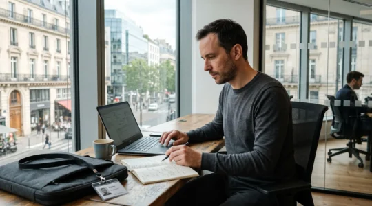 Un consultant indépendant travaille sur son ordinateur portable au bureau d'un client, ses notes à la main.