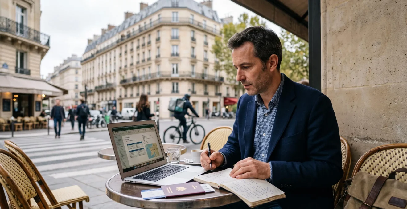 Un consultant indépendant prépare sa mission à l'étranger sur la terrasse d'un café parisien, avec son ordinateur portable et ses documents.
