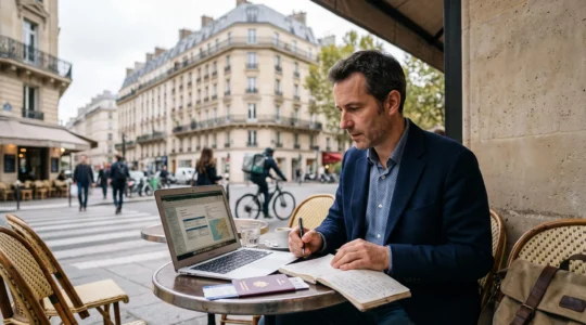 Un consultant indépendant prépare sa mission à l'étranger sur la terrasse d'un café parisien, avec son ordinateur portable et ses documents.