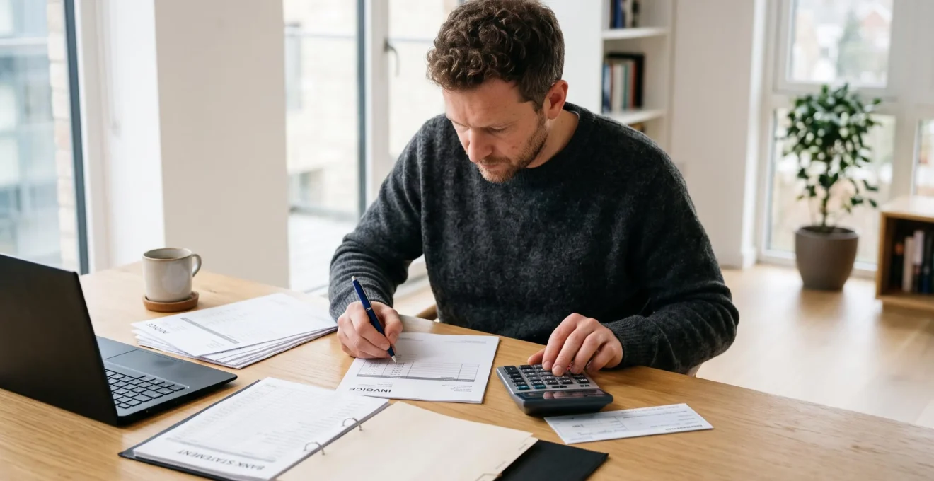 Un consultant indépendant rédige une facture à son bureau, une calculatrice et des documents bancaires posés devant lui.