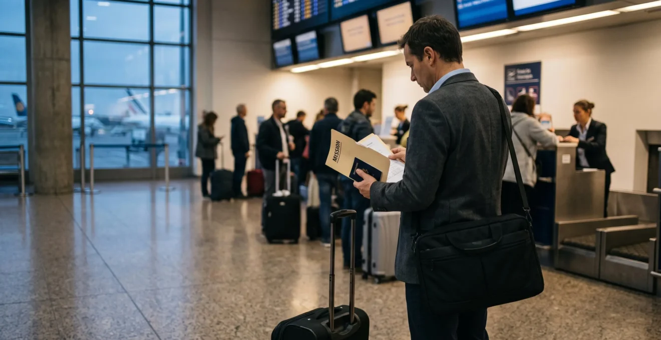 Un consultant vérifie son passeport et son dossier de mission dans un hall d'enregistrement d'aéroport.