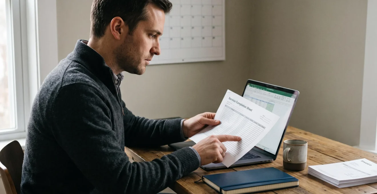 Un consultant indépendant compare une fiche de mission imprimée avec les informations affichées sur son ordinateur portable, à son bureau.