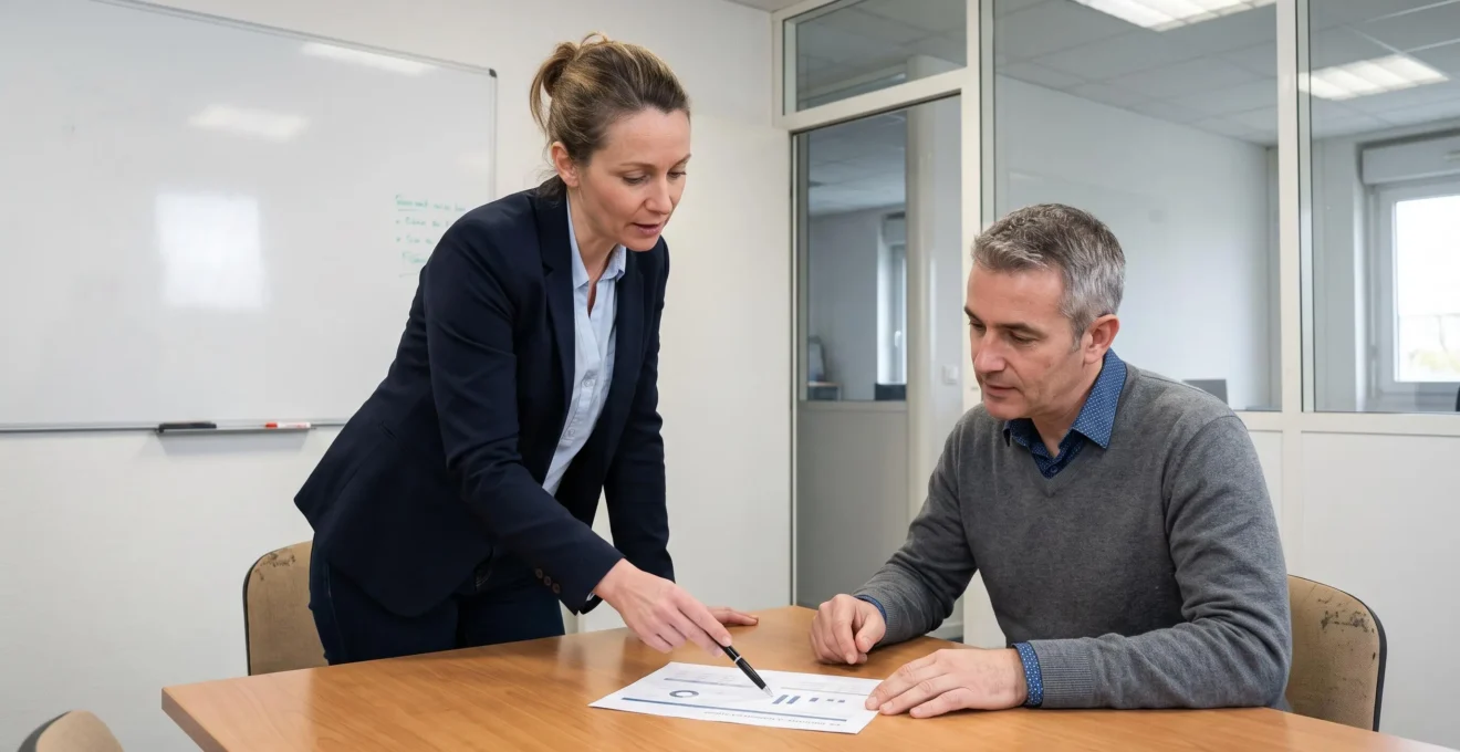 Une consultante présente son rapport d'activité à un client lors d'une réunion dans une salle de travail.