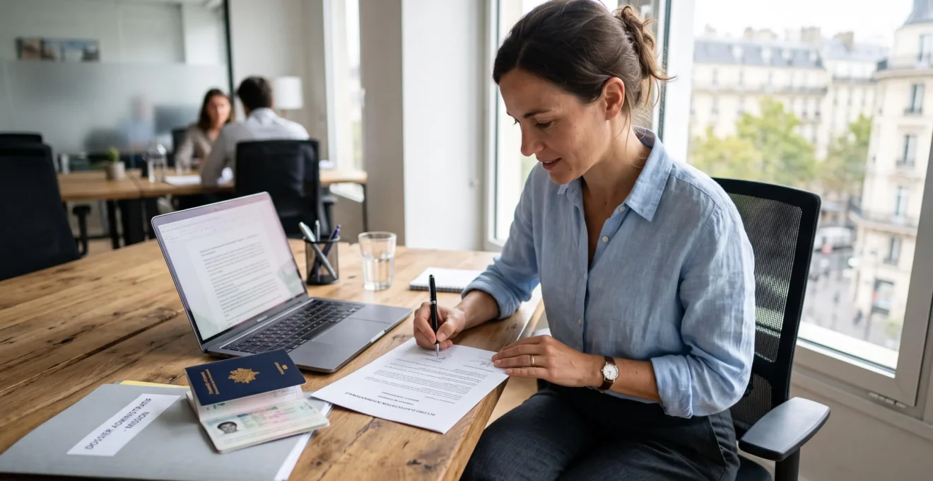 Une consultante signe un dossier administratif pour sa mission internationale dans un bureau clair.