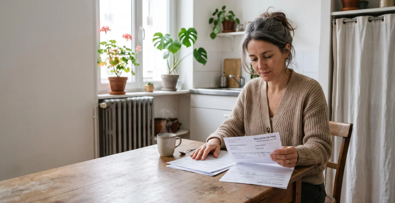 Une femme indépendante examine ses fiches de paie et ses documents bancaires à la table de sa cuisine.