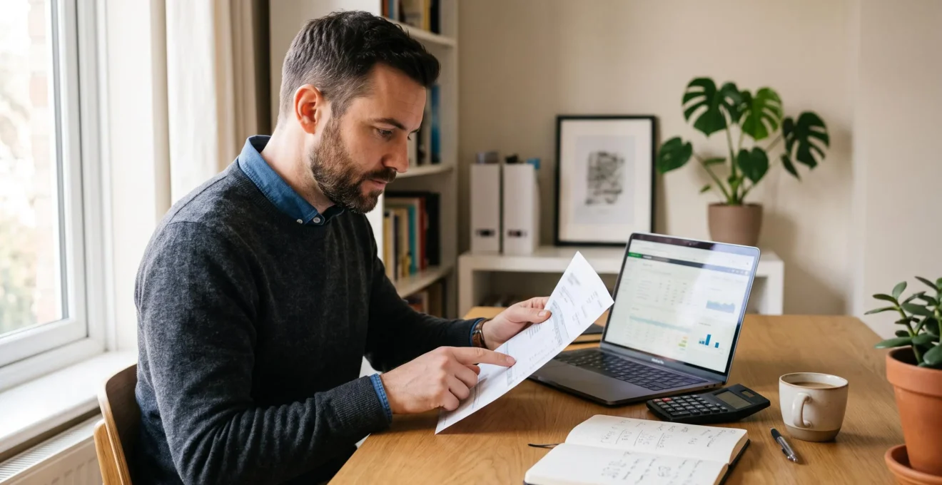 Un consultant indépendant compare une fiche de paie imprimée avec le solde affiché sur son ordinateur portable dans un bureau lumineux.