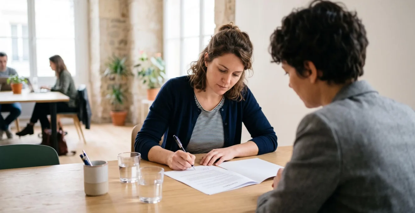 Une développeuse indépendante signe un contrat de prestation avec un client dans un espace de coworking.