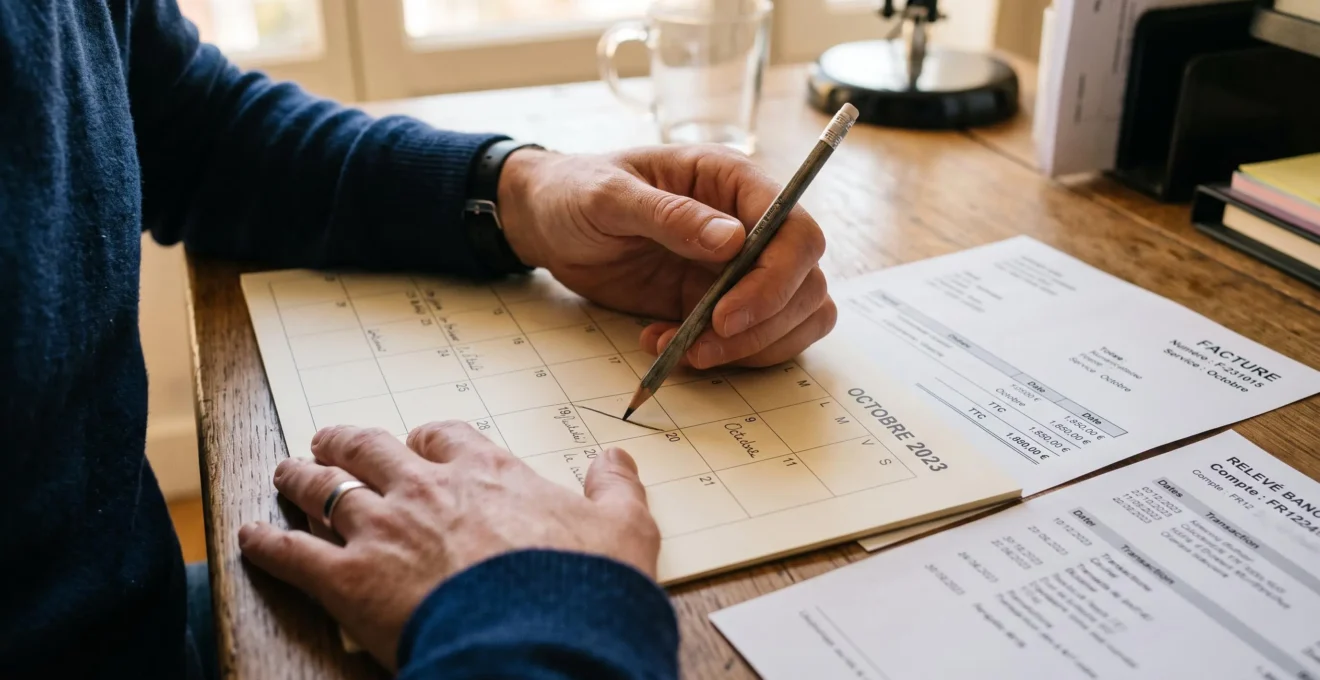 Des mains marquent des jours sur un calendrier papier posé sur un bureau en bois, à côté de documents.