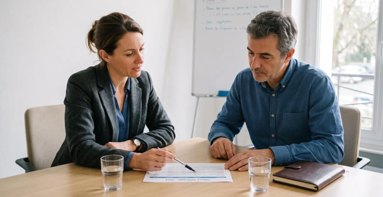 Une consultante indépendante discute d'un document chiffré avec un client assis en face d'elle autour d'une table.