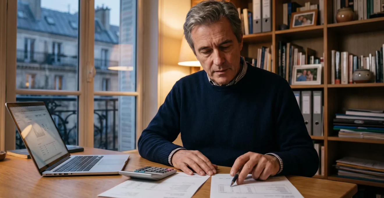 Un professionnel compare deux offres imprimées sur son bureau à domicile, calculateur et ordinateur à portée de main.