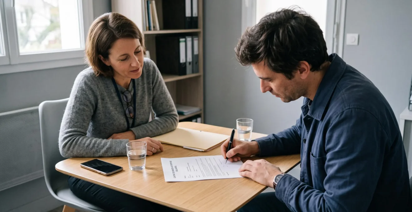 Un indépendant signe un contrat de mission avec un représentant d'une société de portage salarial dans un bureau.