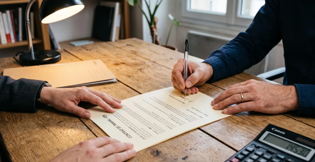 Une personne signe un contrat posé sur un bureau, une autre maintient le document en place.