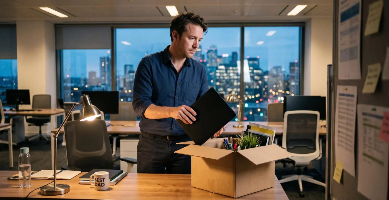 Un cadre range ses affaires personnelles dans un carton sur son bureau de bureau en open-space, en fin de journée.