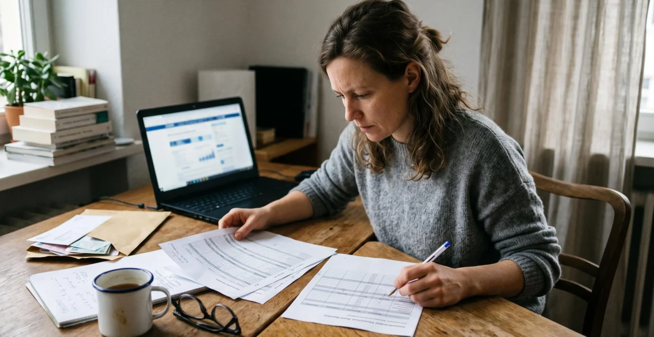Une travailleuse indépendante compare deux tableaux de garanties de mutuelle posés côte à côte sur son bureau, stylo en main, devant son ordinateur portable.
