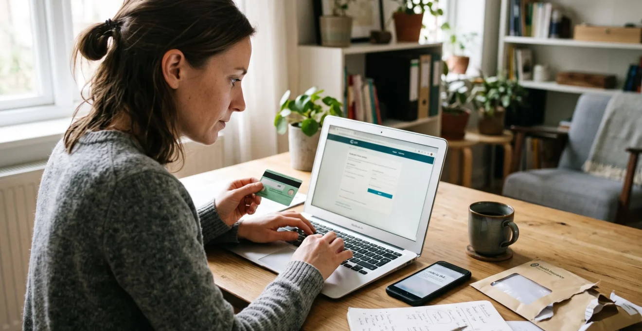 Un consultant en portage salarial active son compte d'assurance maladie sur un ordinateur portable en tenant sa carte Vitale.
