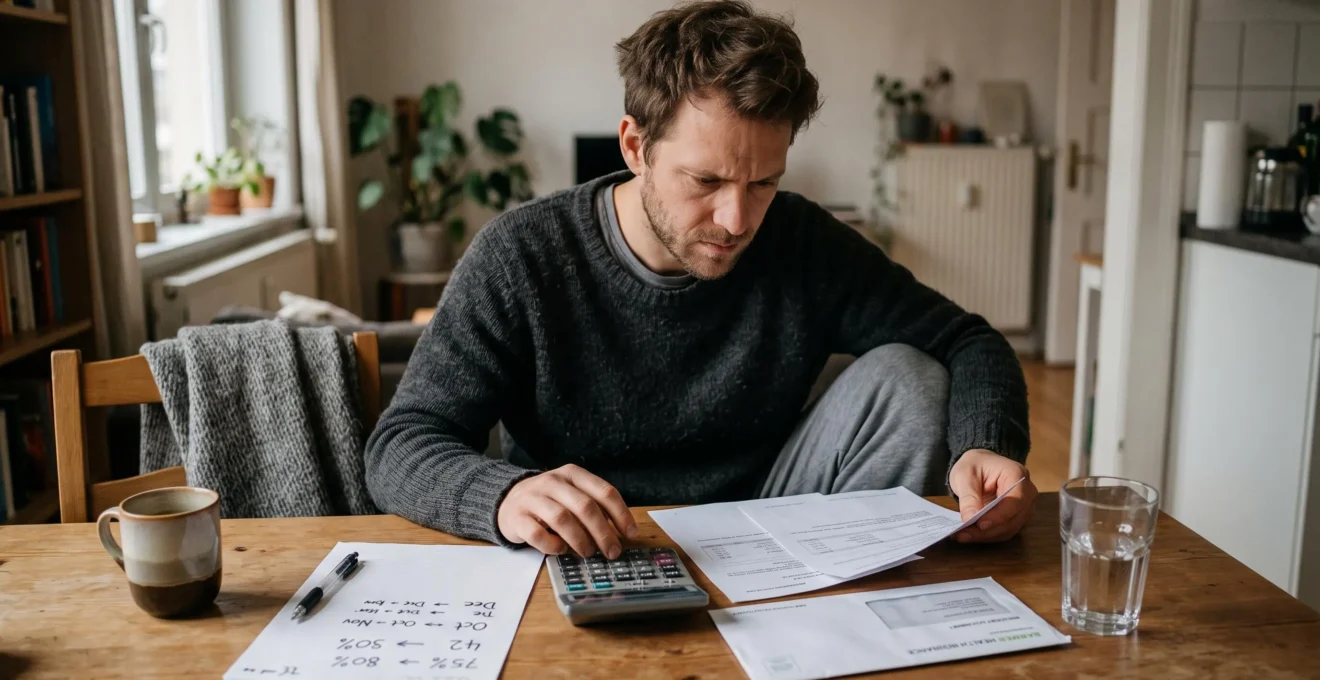 Un consultant indépendant en arrêt maladie compare chez lui des documents d'indemnisation à l'aide d'une calculatrice, une enveloppe de sa caisse d'assurance maladie posée sur la table.