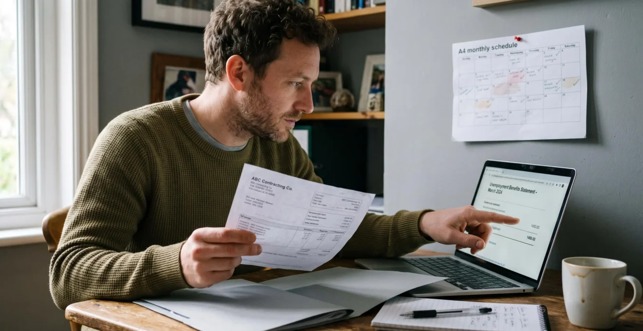 Un consultant indépendant assis à son bureau compare une fiche de paie avec son relevé d'allocation affiché sur son ordinateur portable.