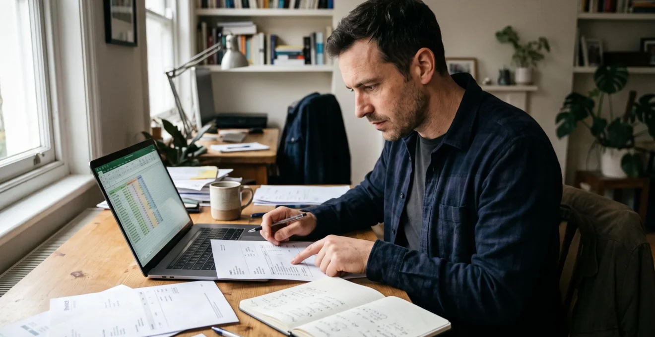 Un consultant indépendant compare une fiche de paie imprimée avec un tableau de calculs de revenus affiché sur son ordinateur portable, dans un bureau à domicile.