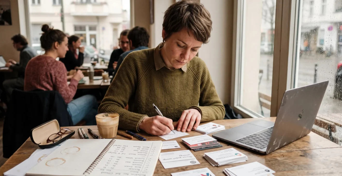 Un consultant indépendant trie des cartes de contact et rédige des notes sur un carnet à la table d'un café.
