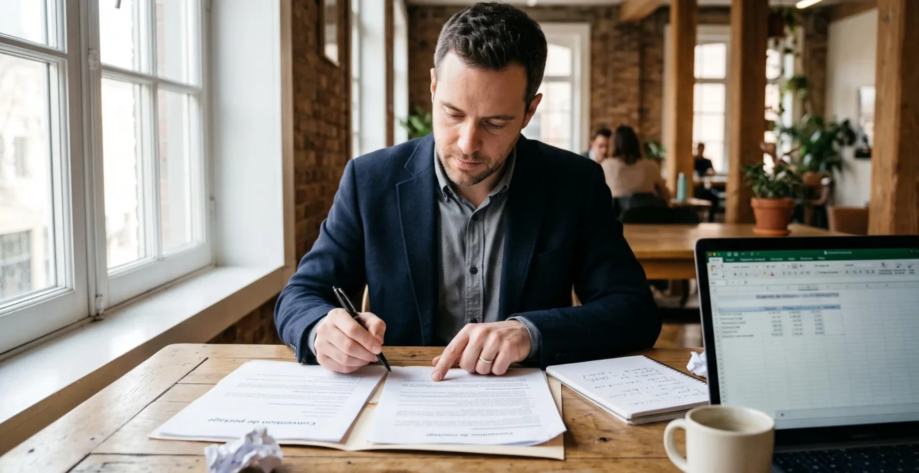 Un consultant indépendant examine un contrat de portage salarial et une convention posés sur une table, un stylo à la main.