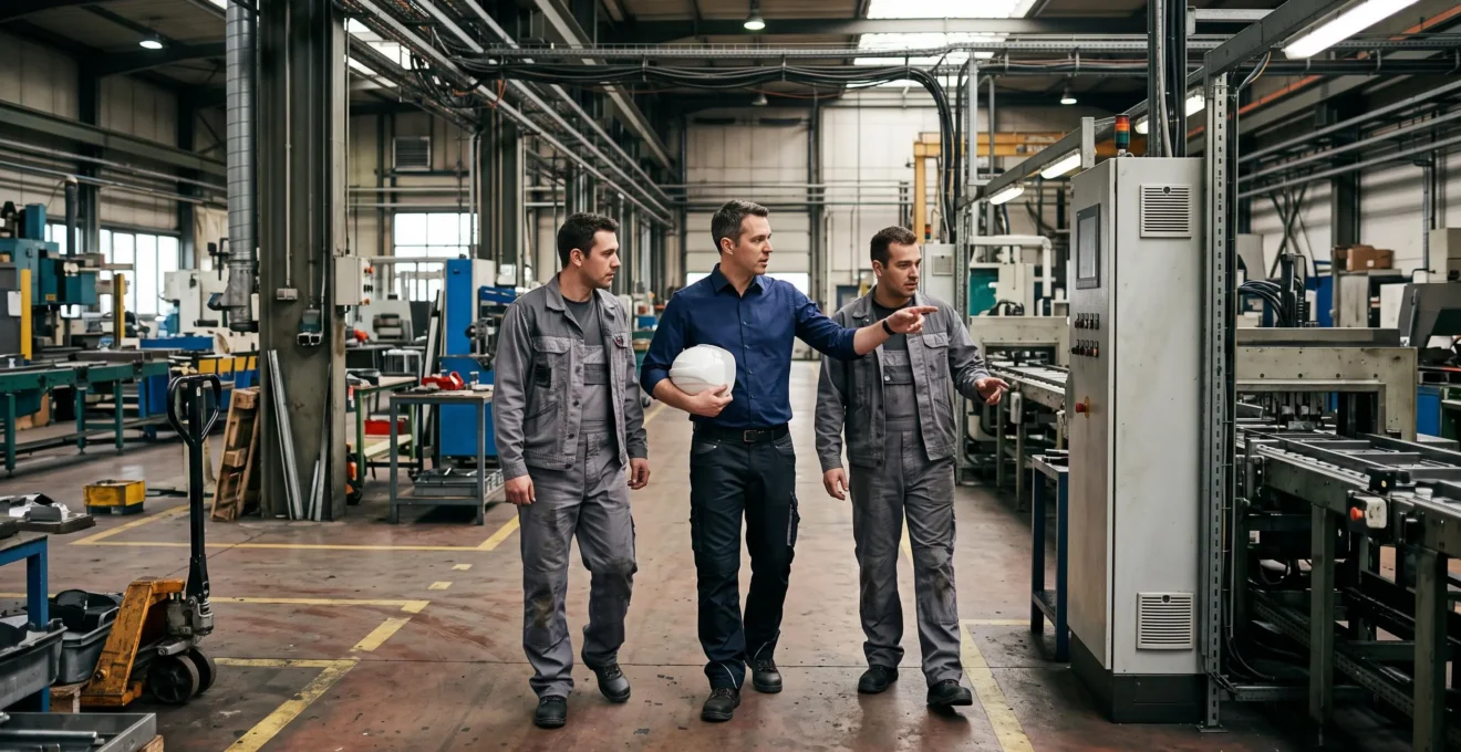Un consultant indépendant échange avec deux techniciens devant une ligne de production dans un atelier industriel.