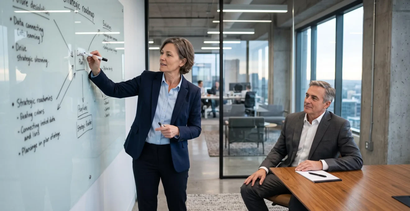 Un consultant indépendant présente une feuille de route stratégique sur un tableau vitré devant un responsable d'entreprise.