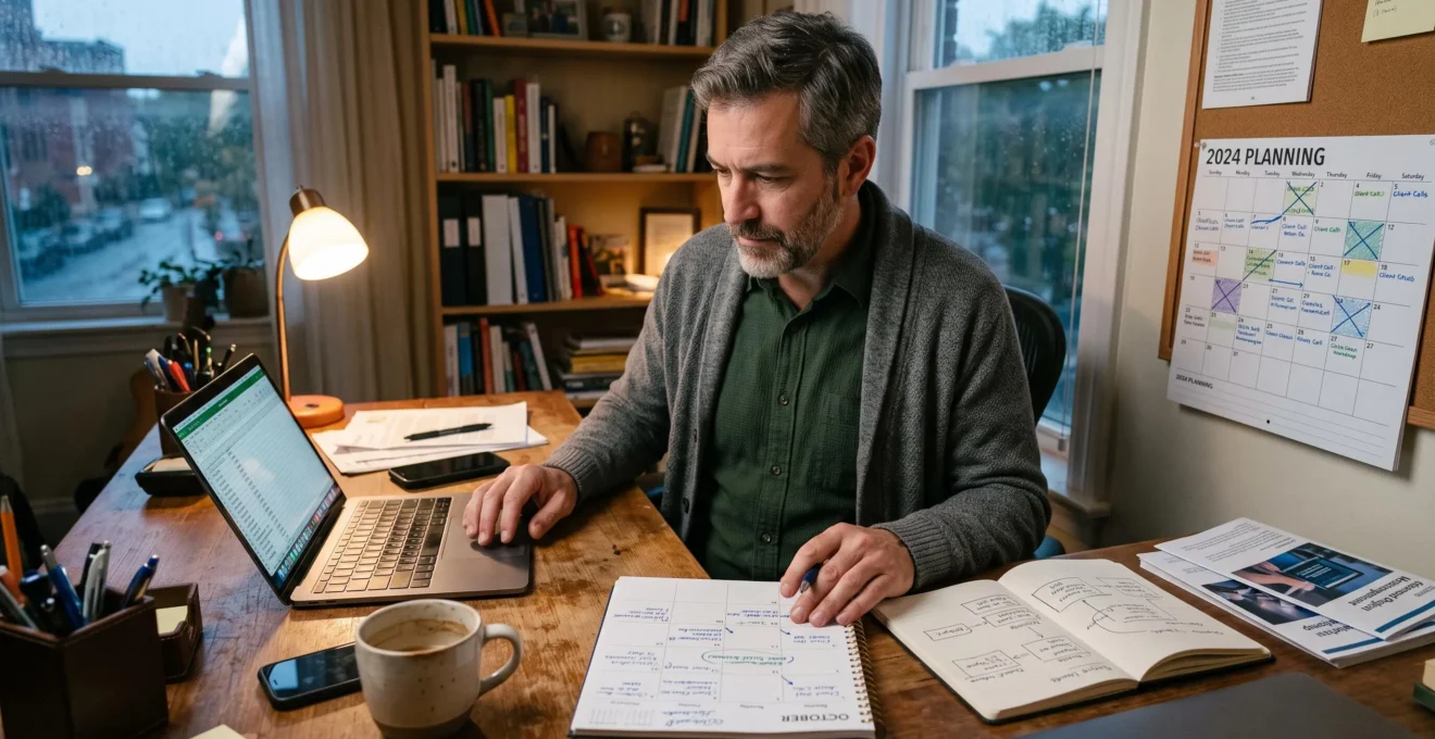 Un consultant indépendant planifie ses heures de formation sur un agenda papier à côté de son ordinateur portable, dans un bureau à domicile en fin de journée.