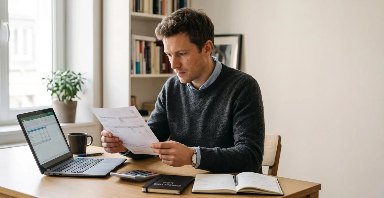Un consultant indépendant en portage salarial lit attentivement son bulletin de paie à son bureau, un ordinateur portable et une calculatrice posés à côté de lui.