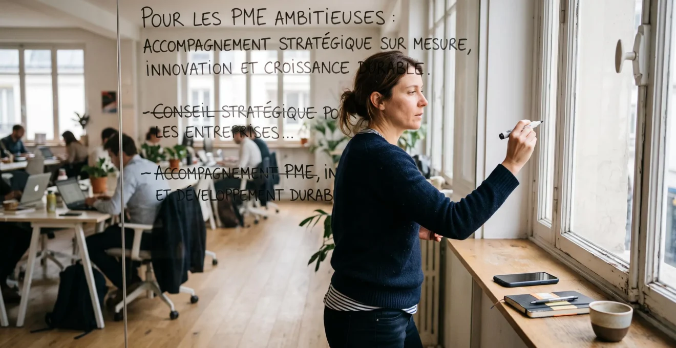 Un consultant indépendant rédige et corrige une phrase de positionnement au marqueur sur une paroi vitrée de son espace de travail.