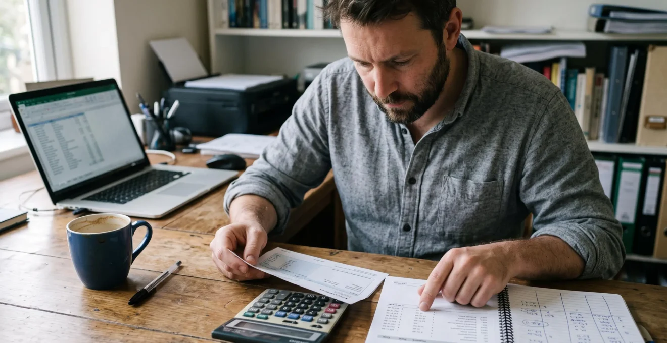 Un consultant indépendant rapproche une fiche de paie et un relevé de facturation sur son bureau, le doigt suivant une ligne de chiffres.