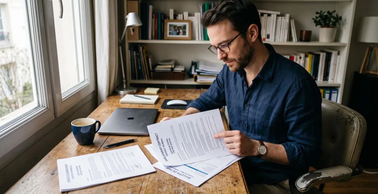 Un consultant indépendant assis à son bureau relit son contrat de travail posé à côté d'un contrat commercial et d'une fiche de paie.