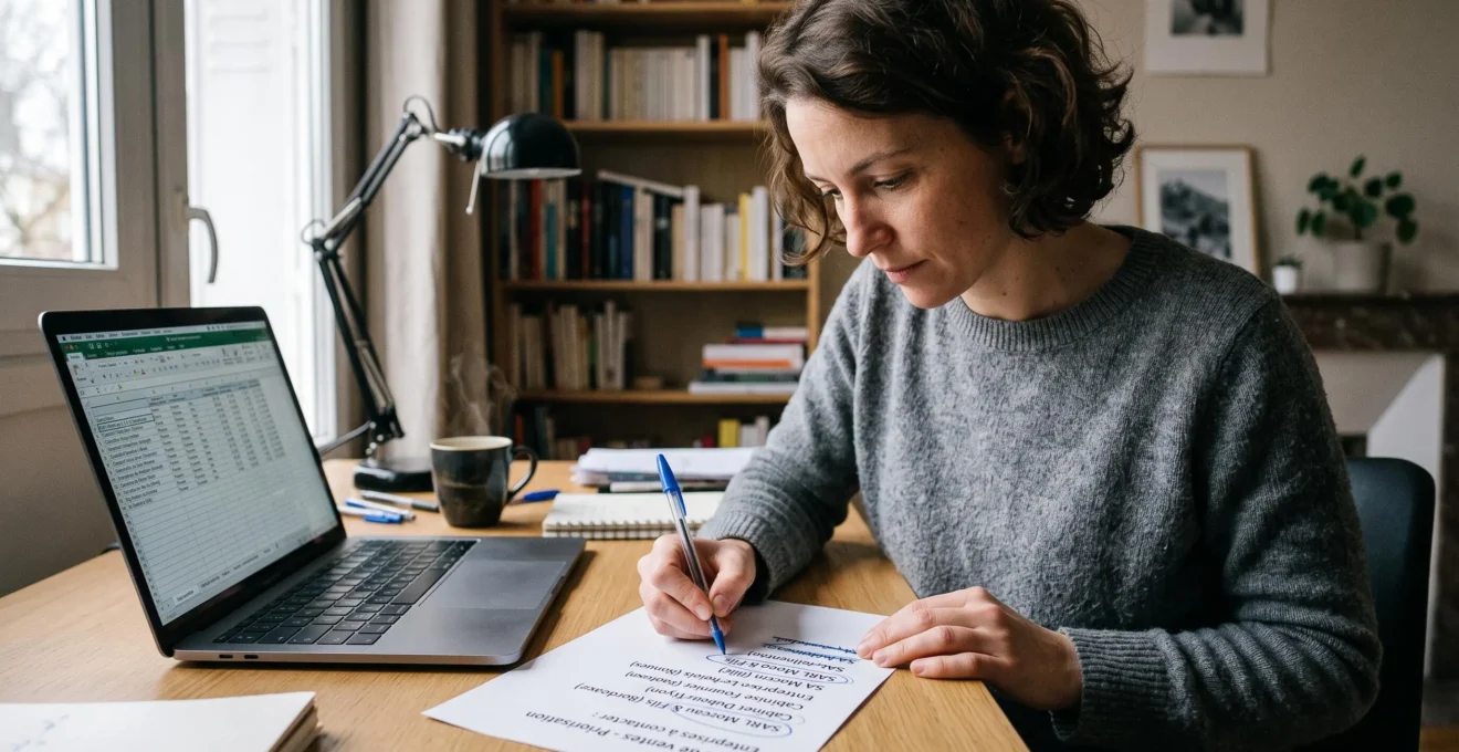 Un consultant indépendant annote à la main une liste imprimée d'entreprises pour sélectionner ses prospects prioritaires avant sa prospection.