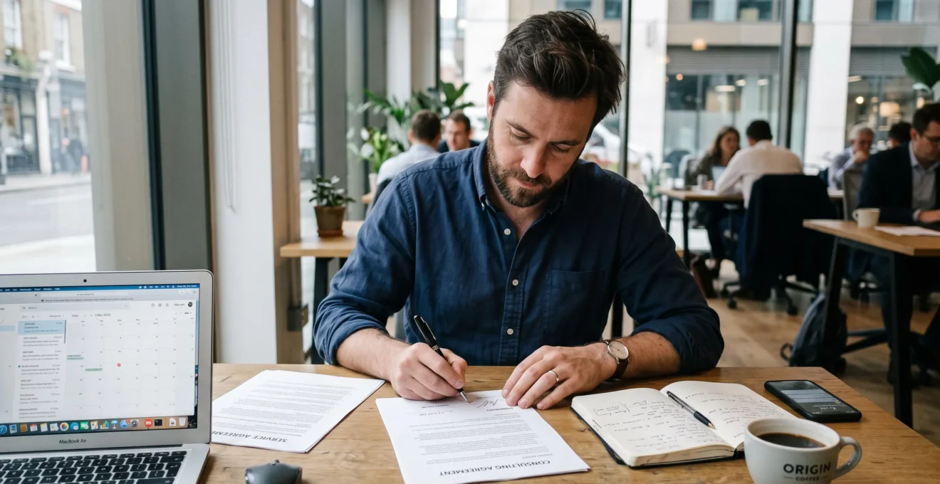 Un consultant indépendant signe un contrat de portage à son bureau dans un espace de coworking.