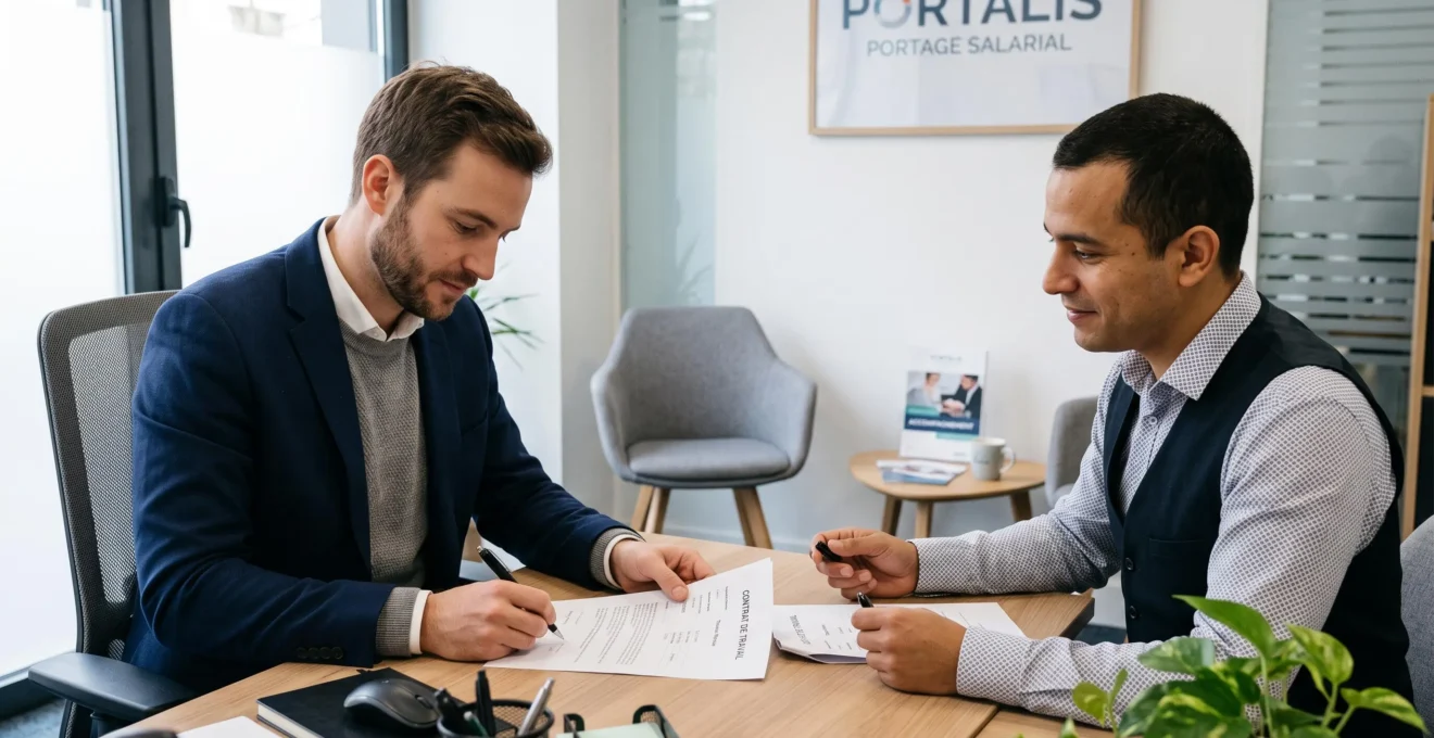 Un consultant signe son contrat de travail avec une salariée d'une société de portage dans un petit bureau.