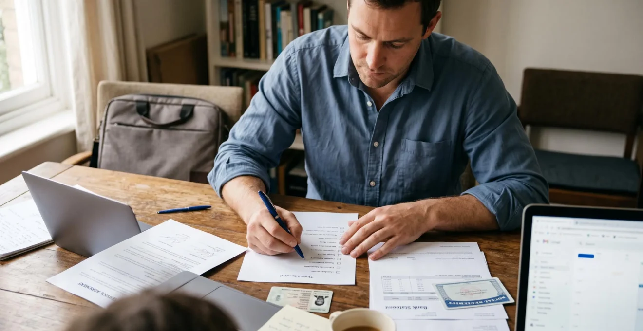Un consultant indépendant vérifie une liste de documents administratifs à son bureau avant sa première mission.