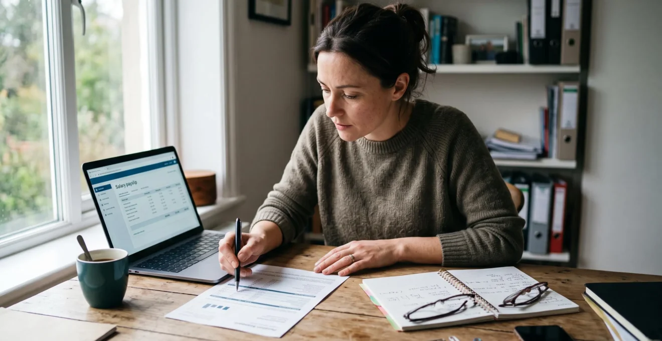 Un consultant indépendant compare sur son bureau un relevé de carrière imprimé et un bulletin de salaire affiché sur son ordinateur portable.