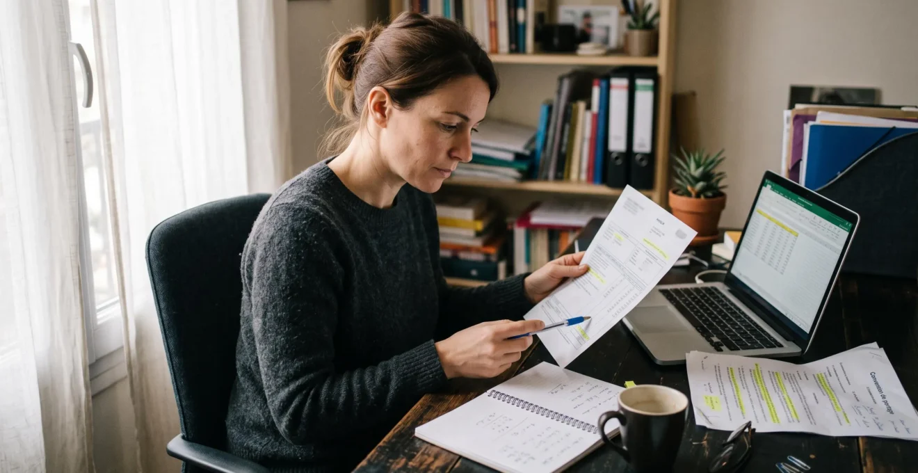 Une consultante indépendante assise à son bureau compare un bulletin de salaire papier avec des calculs manuscrits dans son carnet.