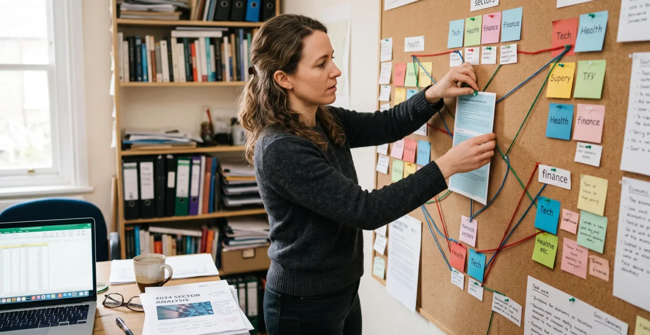 Une consultante indépendante organise des fiches de secteurs économiques sur un panneau en liège dans son bureau, comparant les groupements pour positionner son offre.