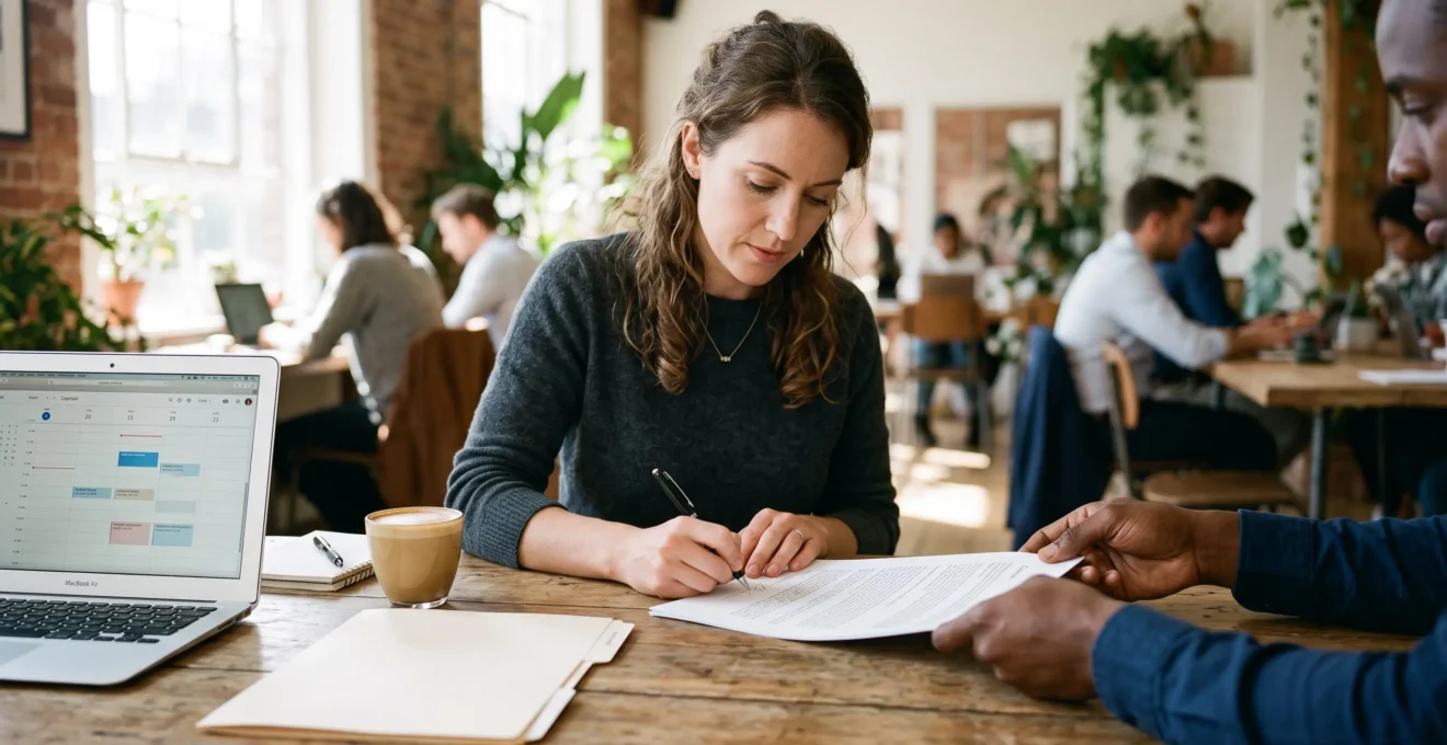 Une consultante freelance signe un contrat de mission posé sur une table dans un espace de coworking lumineux.