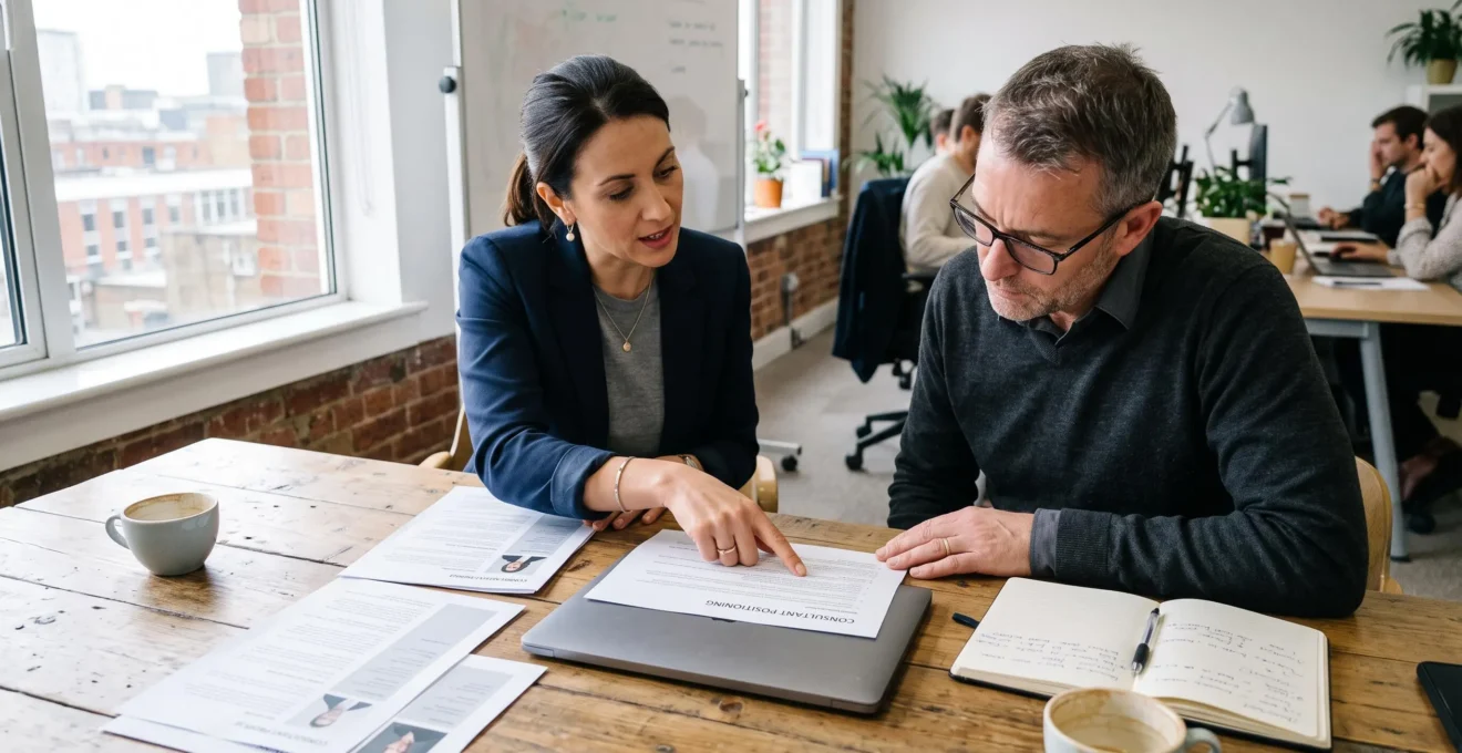Une consultante indépendante présente son positionnement à un client lors d'une réunion de travail, en désignant un document imprimé posé sur la table.